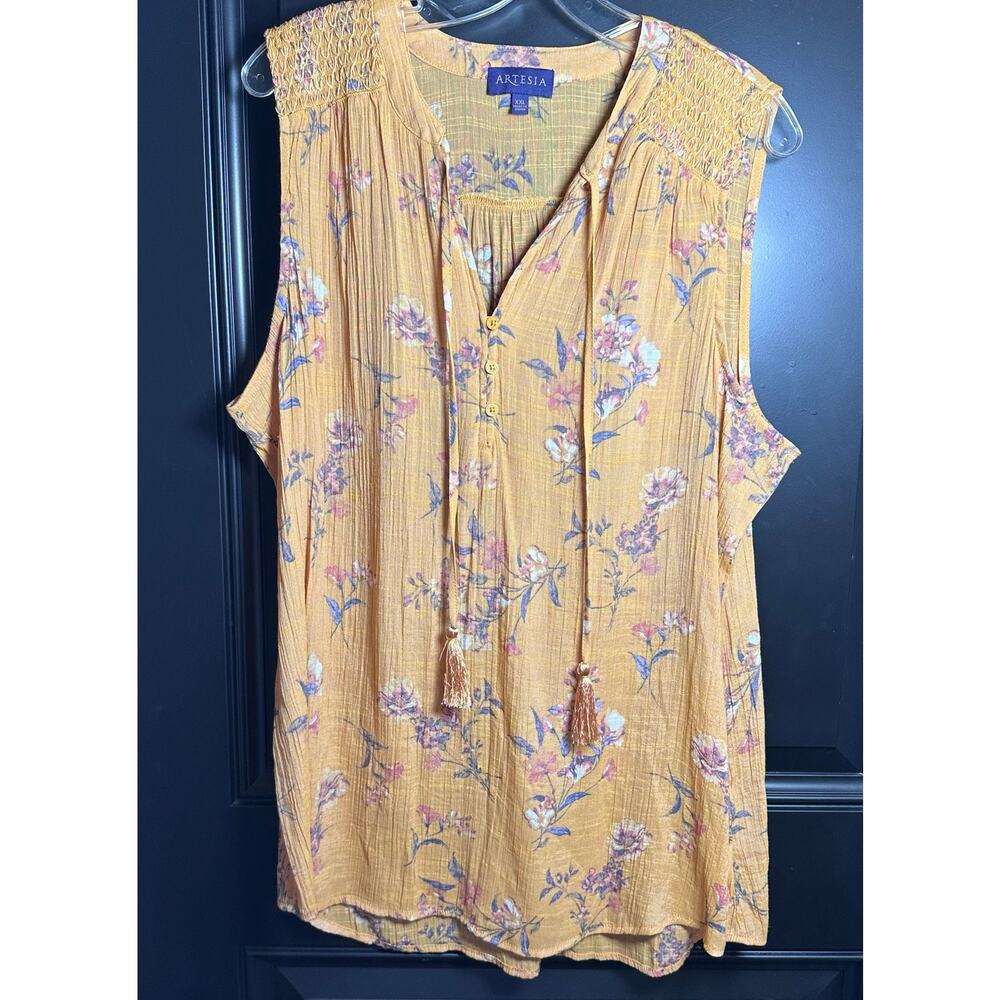 Women's Yellow Floral Boho XXL Artesia Sleeveless Top Print Tassel Accent